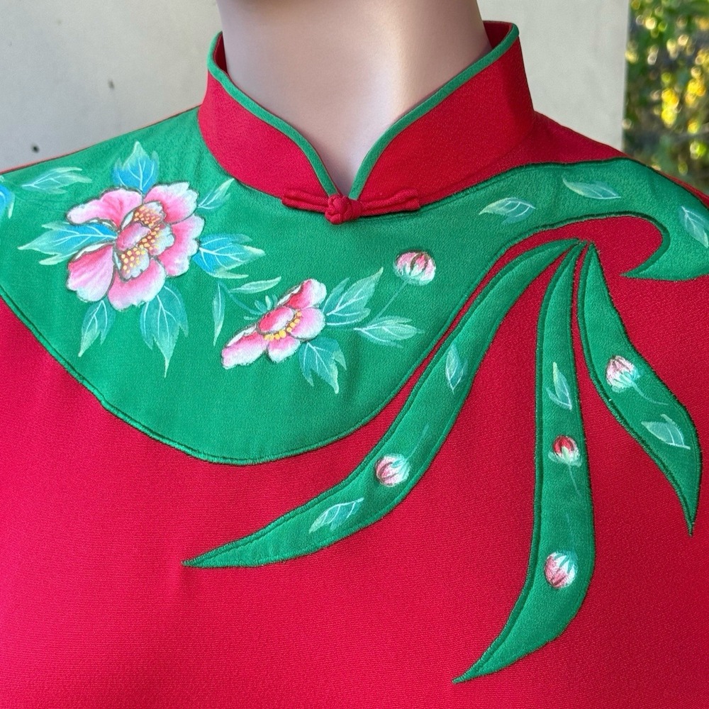 VTG Asian dress Midi Dress Red, Hand Painted, Artwear Silky Lining, mid Sleeve 6